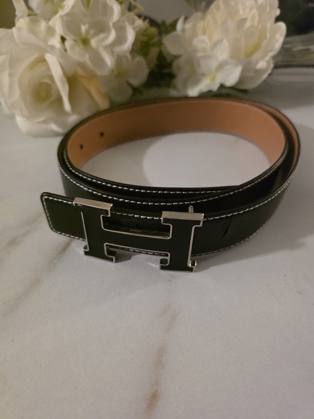 Hermes Black Leather Belt with Silver H Buckle